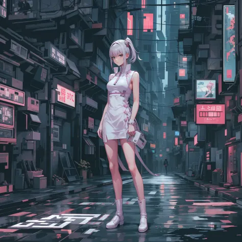 [Girl in white dress:5] exteriors，Cyberpunk streets, ascii art  像素 8 bit style，