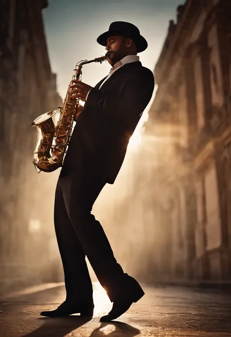 Create a Saxophonist standing up, playing his sax with great enthusiasm, with his entire body showing and a transparent background, in an elegant and realistic way