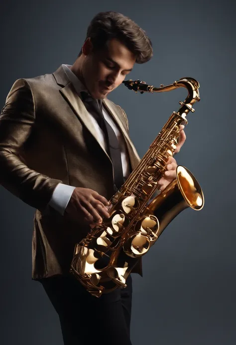 Create a Saxophonist standing up, playing his sax with great enthusiasm, with his entire body showing and a transparent background, in an elegant and realistic way