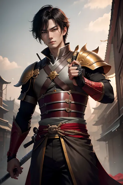 8K,Photorealsitic　Raw photography　top-quality;1.4) 　(1 boy samurai)　Super handsome neutral boy　(Lifelike face)　Shonen Demon Slayer　Black hair bob hair　Black and red exterior　Black and red trousers　Golden decoration　Beautiful expression　超A high resolution　A...