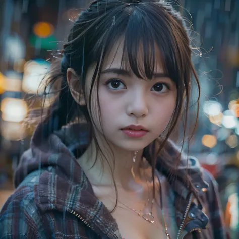 女の子1人、on tokyo street、A city scape、night cityscape、Late Night City、Rain at night、Rain-drenched body、(((20yr old)))、(((Wet in the rain and underwear is see-through)))、The upper part of the body、a closeup、A smile、、(8K、Raw photography、top-quality、​masterpiece...