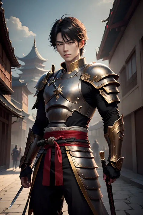 8K,Photorealsitic　Raw photography　top-quality;1.4) 　(1 boy samurai)　Super handsome boy　(Lifelike face)　Demon Slayer as a 15-year-old boy　Black hair bob hair　Black and red exterior　Black and red trousers　Golden decoration　Beautiful expression　超A high resolu...