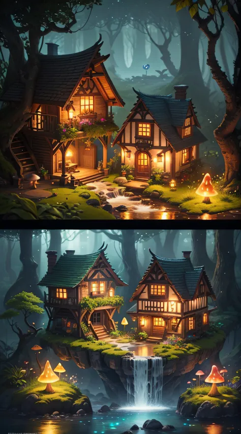 Generate an enchanting image of quaint, whimsical houses tucked away in a vibrant jungle, exuding both a magical aura and a cozy Hobbit-like charm. Enhance the images quality by enriching colors, refining details, and sharpening textures. Add depth and dim...