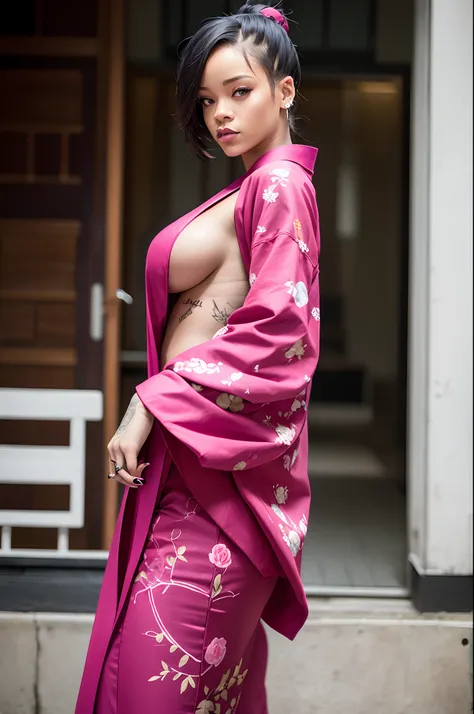 Rihanna posing for an albumcover wearing a pink embroidered kimono