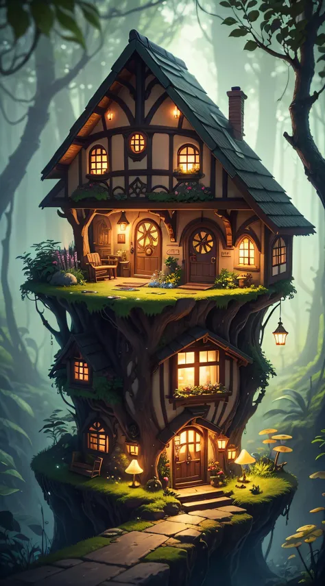 Generate an enchanting image of quaint, whimsical houses tucked away in a vibrant jungle, exuding both a magical aura and a cozy Hobbit-like charm. Enhance the images quality by enriching colors, refining details, and sharpening textures. Add depth and dim...