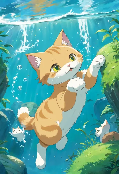 Un gato bonito debajo del agua jugando