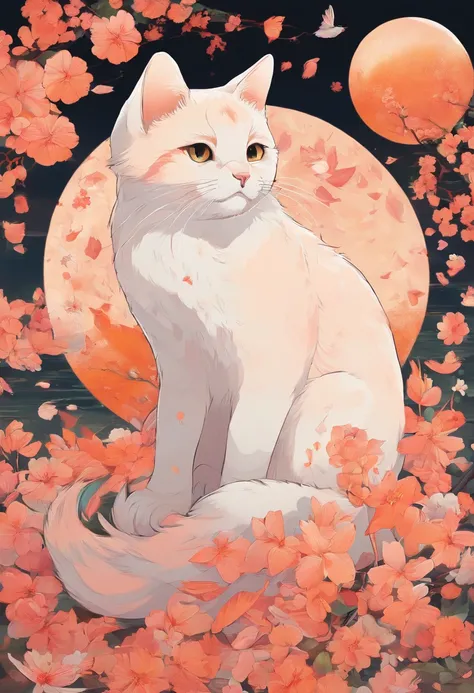 Obra maestra, La mejor calidad, Gato y bola de hilo, Gato jugando con bola de hilo, Detalles, warm colours, Falling peach petals around, Anime de gatos, Lindo