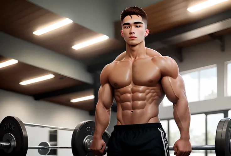 A 23 years old gym muscled gym guy showing abs and has a buzz haircut ,standing in gym