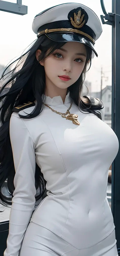 girl with， quality， top-quality， big breasts beautiful， prette， The sheen，On a warship， tmasterpiece，White Navy Uniform， Long Black Hair，With military cap，Eyes are sharp and affectionate，A sweet smile，battle posture，（（（full armor：1.8））），white colors，（（（fac...