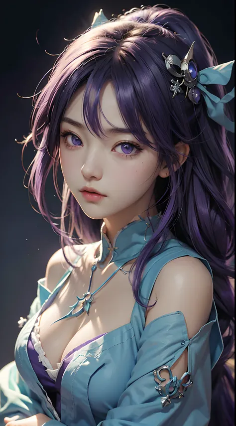 anime girl with purple hair and purple eyes posing for a photo, hestia, ayaka genshin, blue cloth covering her chest, extremely detailed artgerm, zodiac girl portrait, tsuaii, zerochan art, by Kamagurka, azure. detailed hair, artgerm on artstation pixiv, s...