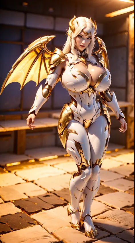 (DRAGON HEAD), HUGE FAKE BOOBS, (BEAUTIFUL FACE), (GOLD, WHITE, BLACK), (MECHA ARMORED GEAR), (A PAIR OF HUGE WINGS SPREAD OUT), FUTURISTIC DRAGON MECHA SUIT, (CLEAVAGE), (SKINTIGHT YOGA PANTS), (SEXY LEGS), FRONT, (STANDING), SLENDER SEXY BODY, MUSCLE ABS...