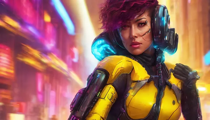 (yellow cyberpunk speed tactical suit:1) (1woman) dark theme :: focus on closeup face, serious face, cibetic visor, :: medium black hair,:: ultra realistic futuristic speedster scifi cyberpunk  woman, black eyes, ((running in the middle of the street with ...