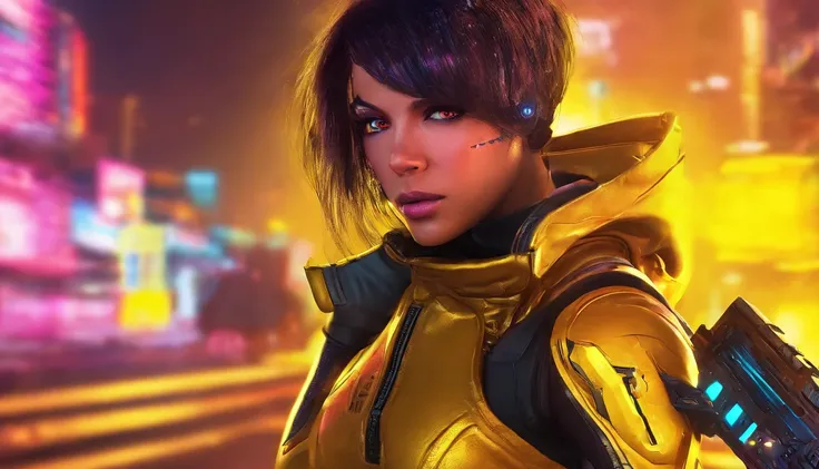 (yellow cyberpunk speed tactical suit:1) (1woman) dark theme :: focus on closeup face, serious face, cibetic visor, :: medium black hair,:: ultra realistic futuristic speedster scifi cyberpunk  woman, black eyes, ((running in the middle of the street with ...