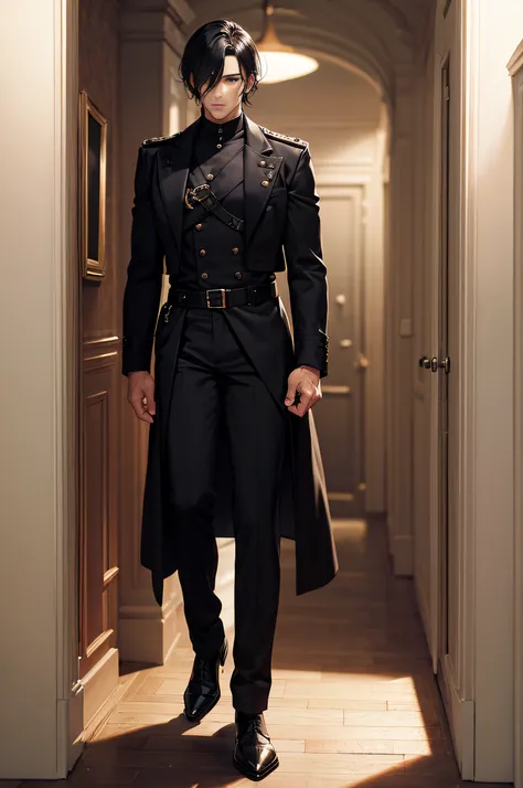 art fantasy, a handsome man with black hair, a strong chin, bangs covering one eye, dressed in a black military fantasy jacket and black trousers, looking to the side, in the corridor of the castle