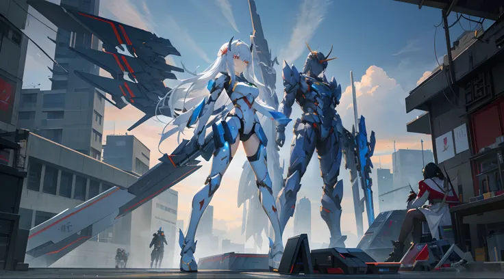 Several people stood side by side in front of a building, cgsociety and fenghua zhong, Mecha wings, devianart and cgsociety, [ trending on CGSociety ]!!, author：Jeremy Chang, ethereal and mecha theme, girl in mecha cyber armor, 2. 5 D CGI anime fantasy art...