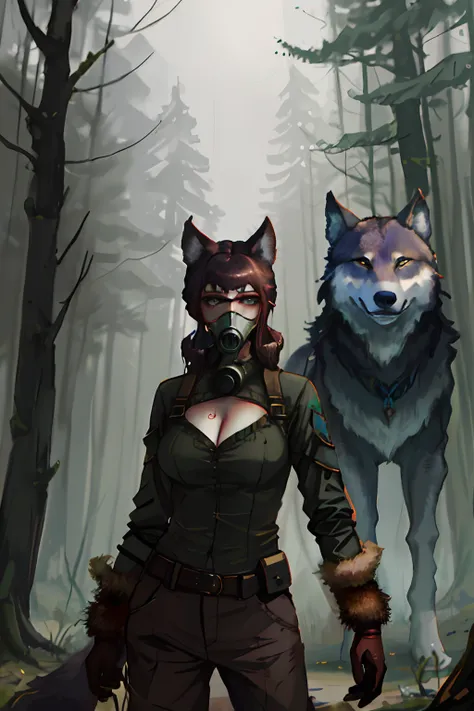 arafed woman in a forest with a wolf and a gas mask, female anthropomorphic wolf, yuri shwedoff and tom bagshaw, anthro wolf face, angiewolf, by Wolf Huber, full body cgsociety, alena aenami and artgerm, furry fantasy art, art, an anthro wolf