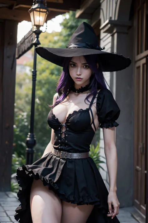 (obra maestra) (La mejor calidad) (Cara perfecta) en un bonito estilo anime. Una joven divertida y aterradoramente linda disfrazada de bruja en Halloween. Lleva un sombrero largo y una escoba vieja, a black harness and a frilly skirt. Ella se para en una c...