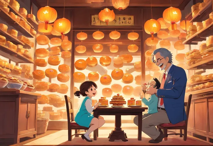 The whole family eats mooncakes at home，Dad was in a suit，Mom and child laugh together，colorful kids book illustration，White basemap，