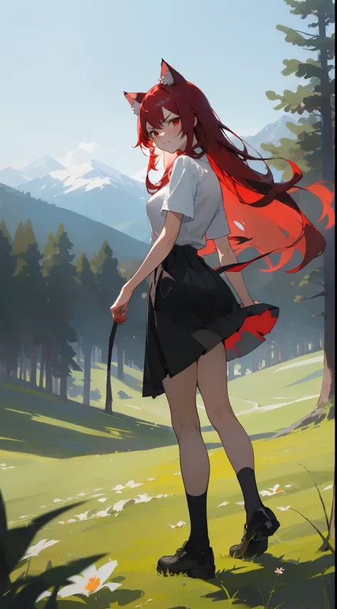 ((masterpiece,best quality)), day, flower,looking at viewer, looking back,outdoors,standing, trees,mountains, hills, forest,1girl ,20s,angry face,white shirt,black skirt,medium tits,red hair,long hair,red eyes,Cat ears,full body