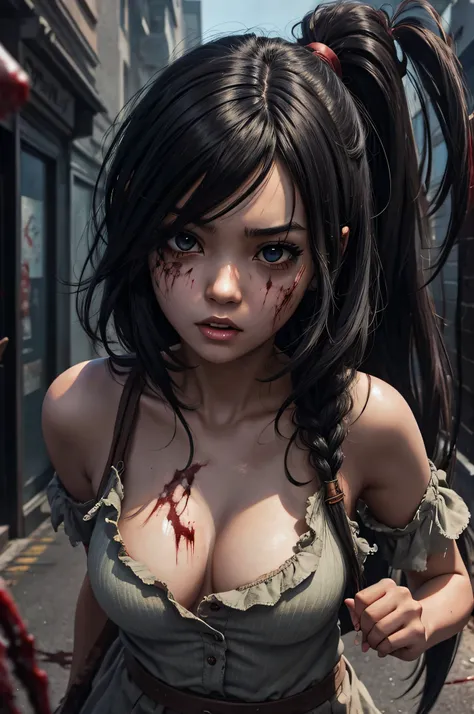 School black-haired anime girl torn and bitten by zombie horde