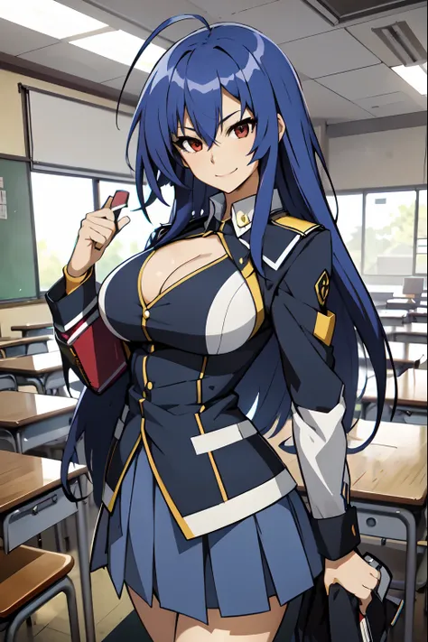 best quality, masterpiece, portrait, 1girl, kurokami medaka, red eyes, blue hair, long hair, ahoge, fit muscles, biceps, abs,  large breasts , tank top shirt, cleavage cutout, clothing cutout, pleated skirt, classroom, looking at viewer, smile,