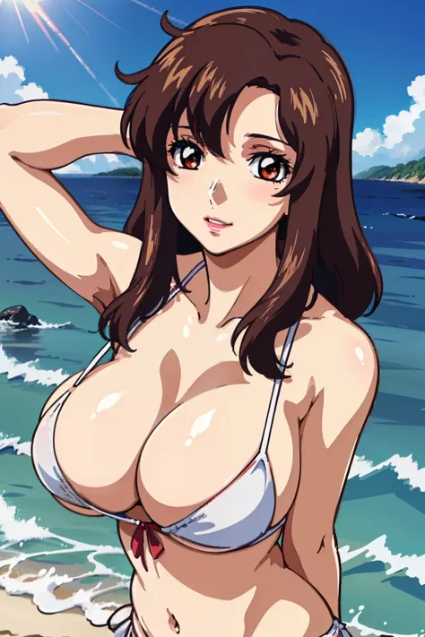 (masterpiec, best quality, anime screencap:1.5, hd, 8k, photorealistic), bangs, brown_hair, long_hair, red eyes, lipstick, makeu...