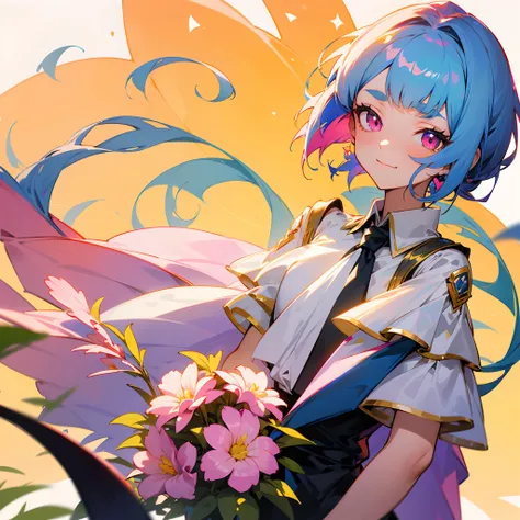 ((colourful, As detailed as possible, tmasterpiece)), The girl stands against the backdrop of a shining sky and holds a bouquet of flowers in her hands, 2 d anime style, flat anime style, in anime style, the anime, anime stylized, glass hair, Glowing Hair,...