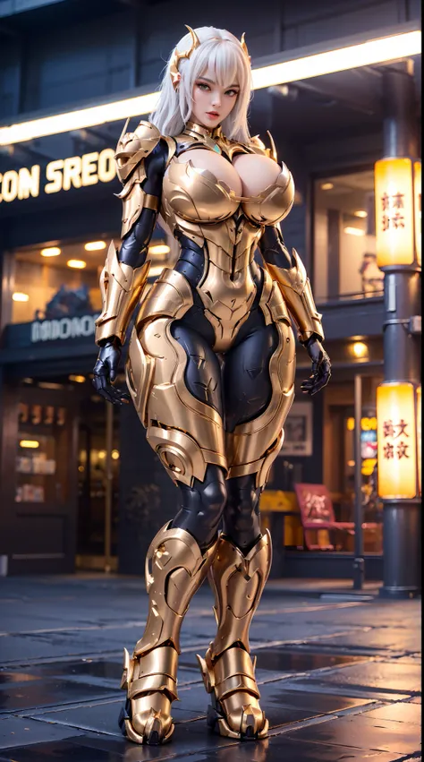 (DRAGON HEAD), HUGE FAKE BOOBS, (BEAUTIFUL FACE), (GOLD, WHITE, BLACK), (MECHA ARMORED GEAR), A PAIR OF HUGE MECHANICAL WINGS SPREAD OUT, FUTURISTIC DRAGON MECHA SUIT, (CLEAVAGE), (SKINTIGHT YOGA PANTS), (SEXY LEGS), FRONT, (STANDING), SLENDER SEXY BODY, M...