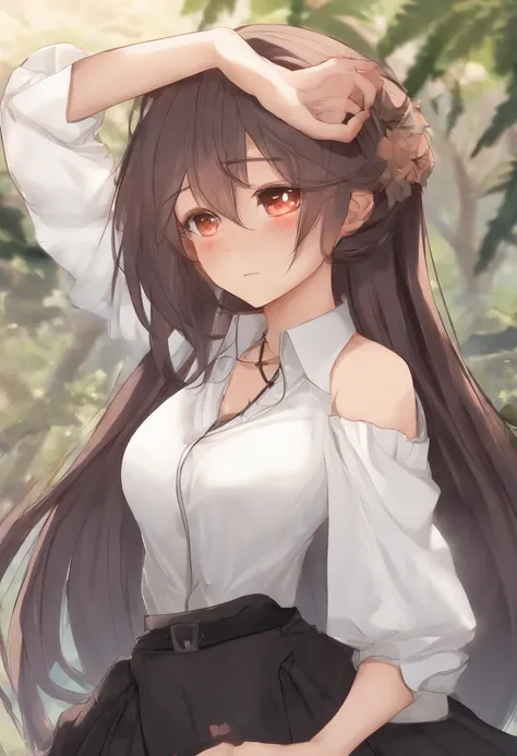 eris greyrat, 1girl, solo, long hair, ahoge, red eyes, red hair, bare shoulders,hairband, crossed arms,blush, skirt, black hairband, breasts, detached sleeves,bangs, hair between eyes, long sleeves, hair flaps, closed mouth, black skirt, brown skirt, shirt...