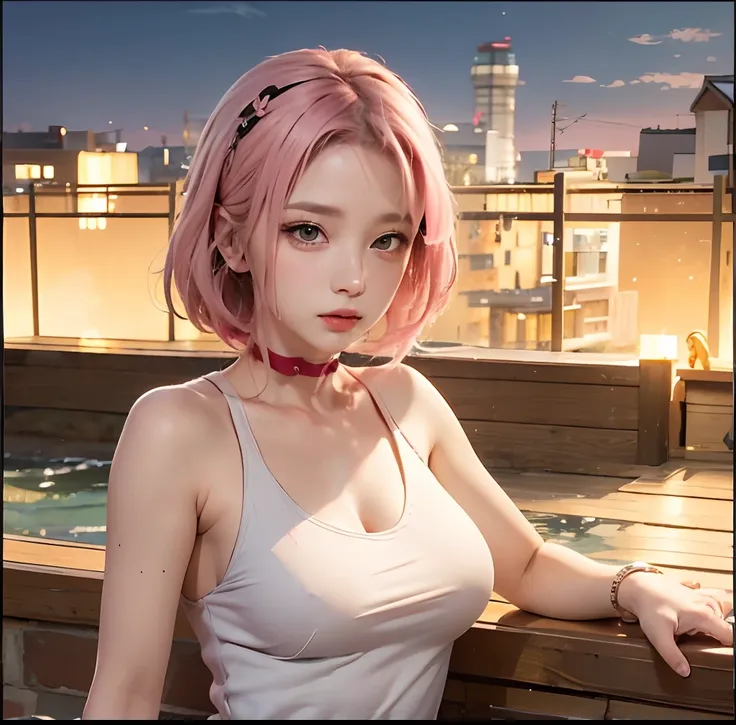 Beautiful sakura haruno with detailed body、tiny chest、The upper part of the body、(Brown bob hair、perm)、Bangs 2:8、rcasual、high-necked、sleeveless