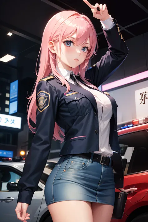 police officer uniform, Female Detective、a cool、Skin Jean Miniskirt, Semi-long pink hair, Looking at the viewer, Front view,police officers、police officer uniform