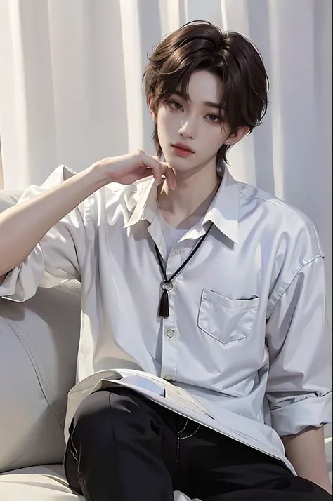 ​masterpiece、（top-quality)、((high-level image quality))、One Manly Boy、Slim body、((White Y-shirt and long black pants))、(Detailed beautiful eyes)、Model Magazines、Face similar to Chaewon in Ruseraphim、((short hair above the ears))、((Smaller face))、((Neutral ...