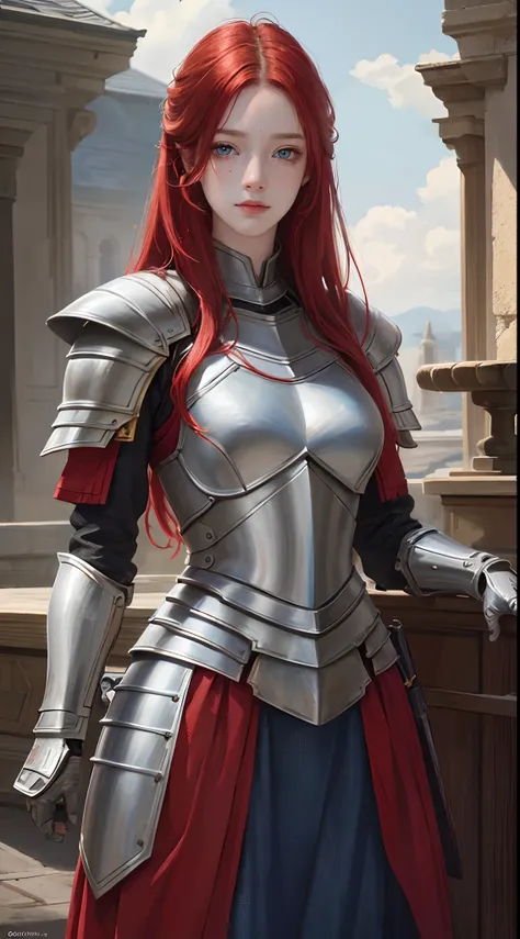 masterpiece, (realistic), highres, highly detailed, intricate, beautiful woman, red hair, blue eyes, freckles, detailed face, knight, armor