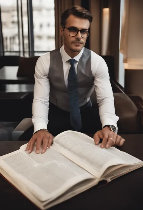 Imagine a man wearing a stylish suit, avec une cravate et tenant un journal financier dans ses mains. Il est assis devant un ordinateur, Suivi des business. His face expresses his focus and determination when making analysis and investment decisions... Aut...