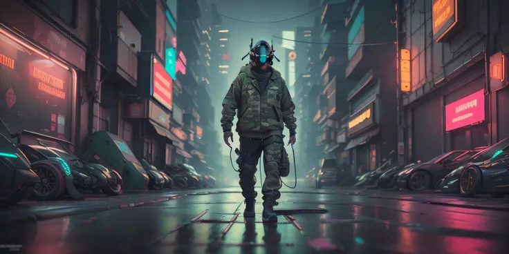 (masterpiece, full body shot, intricate raw photography) Cyberpunk citizen, comfortable super oversized asymetrical  
green camouflage pattern techwear jacket, black hoodie, black cargo pants, black clothing, dark, wearing a futuristic black helmet high-te...