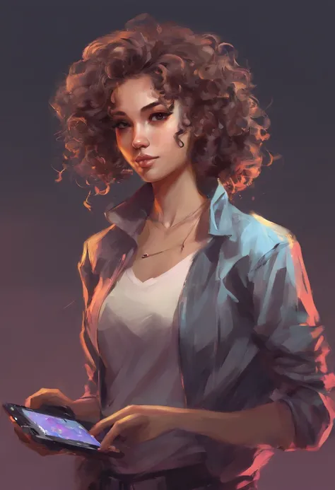 Artsy gamer girl curly hair short medium