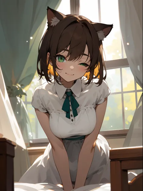 depth of field, perfect lighting, light particles,(best quality),(masterpiece),(ultra detailed),sharp focus,  puck, :3, green eyes, brown hait,short hair, cat ears, smile, solo, pov, close-up, upper body, windows, curtains, bedroom, all fours, one eye clos...