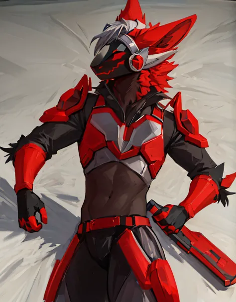 masterpiece, best quality, protogen, (protogen face:1.1), (protogen visor:1.1), an red and black male protogen with red ears that are black inside and with chest plates in the middle while the other parts of the chest armor are silver