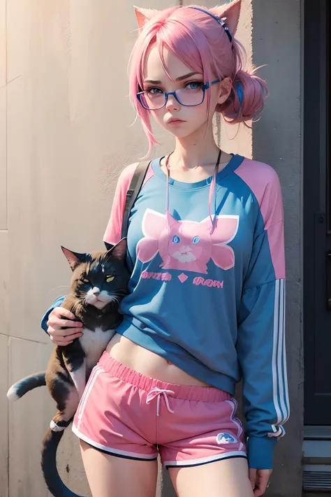 girl with blue glasses, with pink hair.
with a grumpy expression and blue eyes.
Sportswear and short while holding a cat