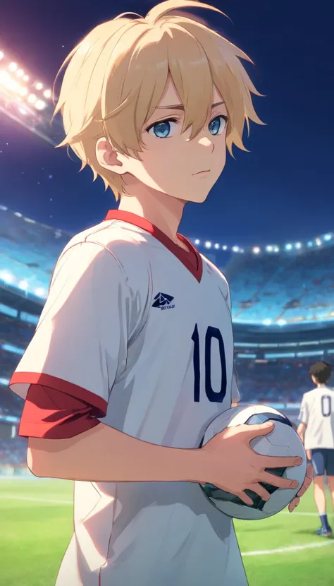 Beautiful illustration, top quality, male, 10 years old, light blonde hair, red short-sleeved football shirt, pouty face, tilted head, short, blue eyes. , long nape mulet hairstyle. , holding the ball, standing on the field, being patted on the head, eyes ...