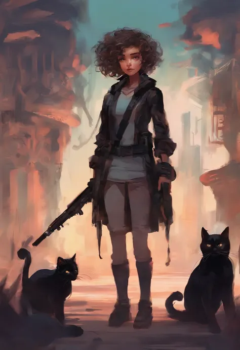 a young girl with curly, short to medium hair, who is an avid lover of art, cats, the color black, artwork should also incorporate her passion for playing shooter games, make sure to emphasize her cute and playful personality in the artwork