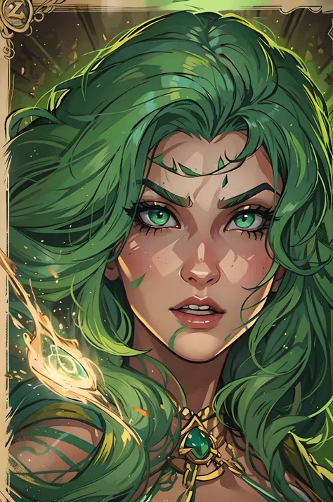 Uma bela mulher com olhos verdes e cabelos castanhos longo, She is an elemental sorceress with a sexy green look. Female villain expression. Um fundo cheio de parede de madeira Uma arte para um RPG Uma arte medieval para RPG