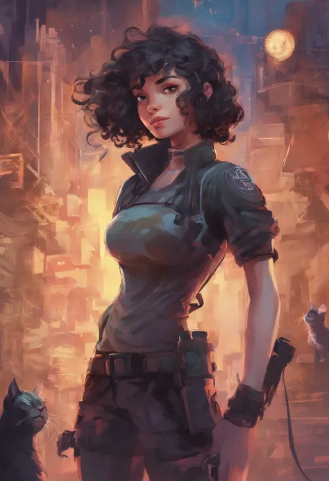 a young girl with curly, short to medium hair, who is an avid lover of art, cats, the color black, artwork should also incorporate her passion for playing shooter games, make sure to emphasize her cute and playful personality in the artwork