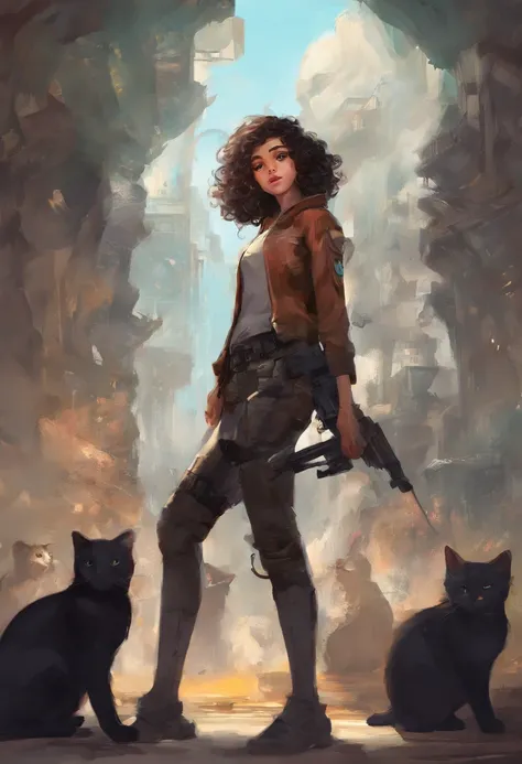 a young girl with curly, short to medium hair, who is an avid lover of art, cats, the color black, artwork should also incorporate her passion for playing shooter games, make sure to emphasize her cute and playful personality in the artwork