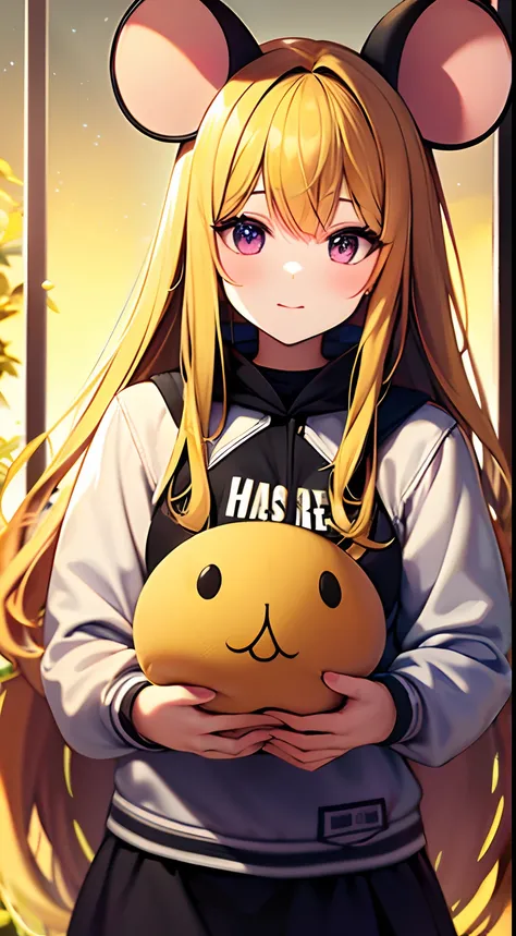 long-haired girl, (half mouse), with yellow hair while holding a cheese in her arms