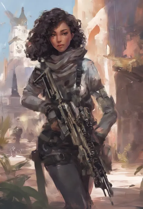 a young girl with curly, short to medium hair, who is an avid lover of art, cats, the color black, artwork should also incorporate her passion for playing shooter games, make sure to emphasize her cute and playful personality in the artwork