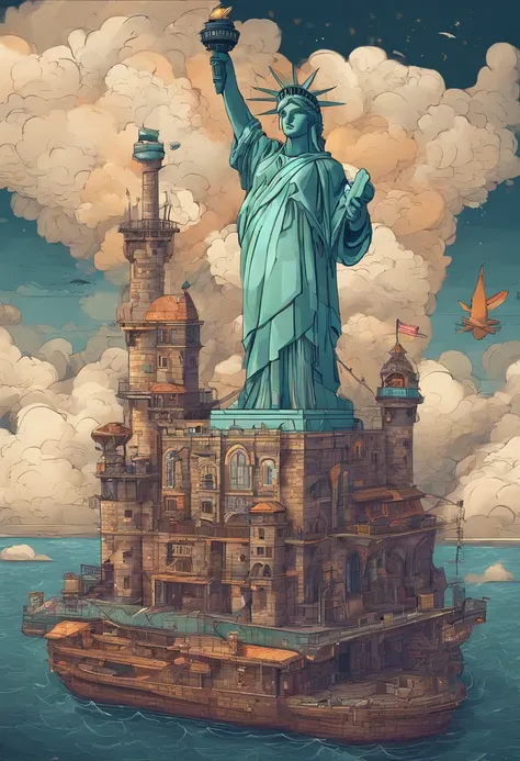 steampunc，((A steel fortress floating in the air))，dark stormy clouds，overcast day，((A Statue of Liberty))