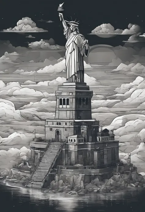 steampunc，((A steel fortress floating in the air))，dark stormy clouds，overcast day，((A Statue of Liberty))