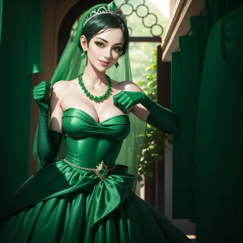 emerald tiara, Green Pearl Necklace, Boyish very short green hair, lipsticks, Japan woman smiling, very short short hair, big breasts beautiful, Green eyes, Long green gloves made of satin material, Green eyes, Emerald Earrings, Green dress