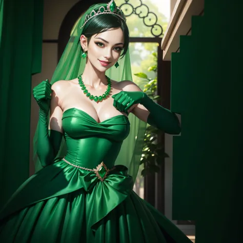 emerald tiara, Green Pearl Necklace, Boyish very short green hair, lipsticks, Japan woman smiling, very short short hair, big breasts beautiful, Green eyes, Long green gloves made of satin material, Green eyes, Emerald Earrings, Green dress